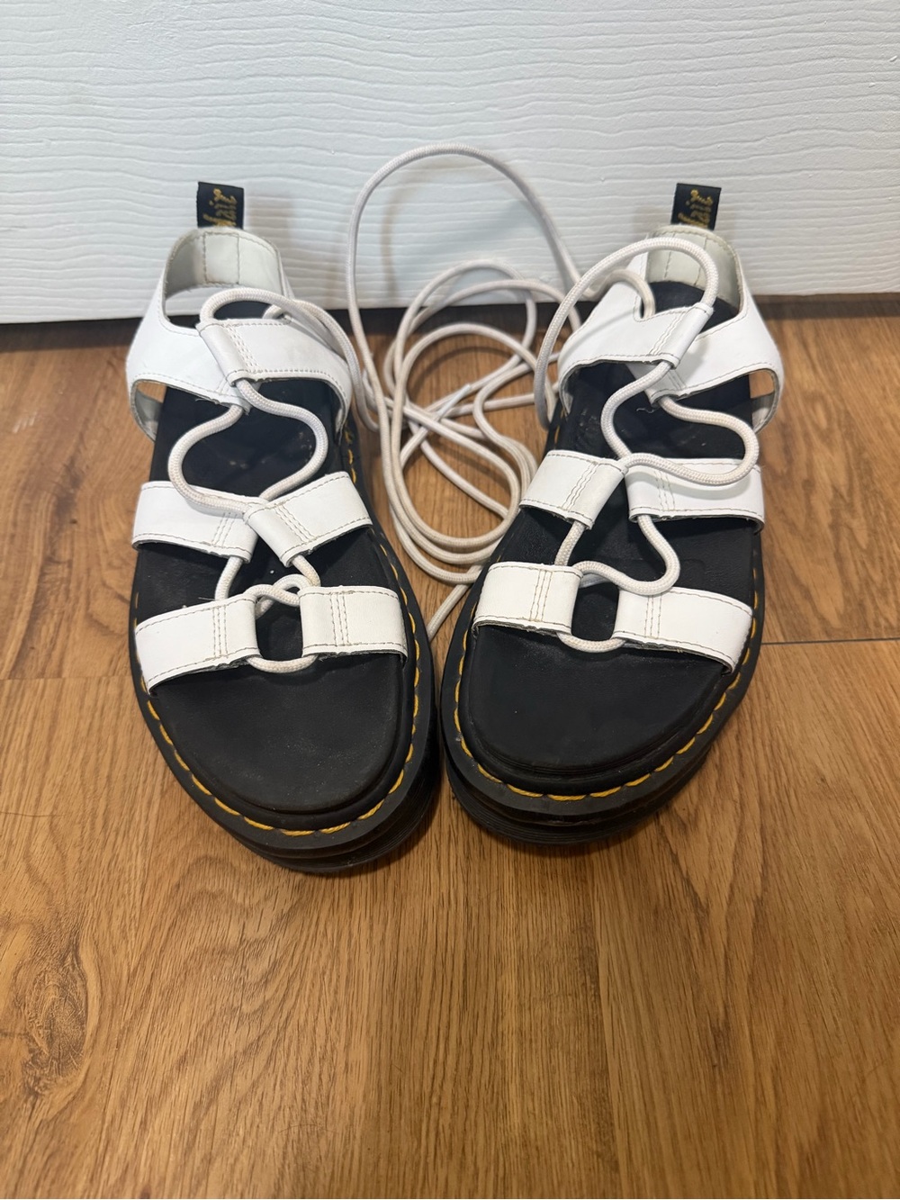 Dr. Martens White Leather Lace-Up Platform Sandals with Black Footbed